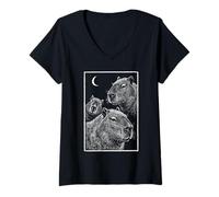 Women's Retro Staring Capybaras Moonlight Nature Graphic Art V-Neck T-Shirt