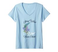 Womens Retro Stay Wild Moon Child Floral moon Hippie Boho V-Neck T-Shirt