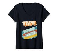 Womens Retro Style 90s Music Tape Cassette with Graffiti Wall Art V-Neck T-Shirt