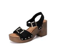 Women's Retro Style Chunky Heel Sandals with Adjustable Buckle Fashion One Word Belt Platform Block Heels Open Toe Bridal Dress Waterproof Shoes Women Care, black, 9 UK