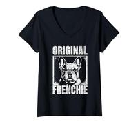 Womens Retro Style Dog Lover Tee Original Frenchie French Bulldog V-Neck T-Shirt