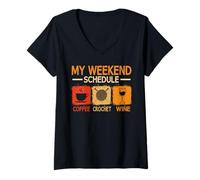 Women's Retro Style Weekend Schedule Coffee Crochet Wine Crocheting V-Neck T-Shirt