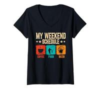 Women's Retro Style Weekend Schedule Coffee Fish Beer Fishing V-Neck T-Shirt