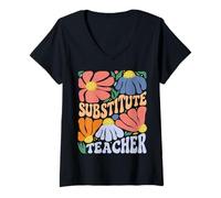 Women's Retro Substitute Teacher Boho Aesthetic Matisse Flower Gift V-Neck T-Shirt