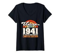 Womens Retro Sunset 85 Years of Awesome Born 1941-85th Birthday V-Neck T-Shirt