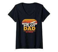 Women's Retro Sunset Airplane Aviation Humor for A Cool Pilot Papa V-Neck T-Shirt
