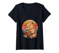 Women's Retro Sunset Cute Capybara Reading Books V-Neck T-Shirt