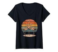 Womens Retro Sunset Flamingo Silhouette Flamingos V-Neck T-Shirt