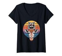 Womens Retro Sunset Giraffe Raccoon Giraffes V-Neck T-Shirt