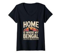 Women's Retro Sunset Home is Where My Bengal is Quote V-Neck T-Shirt