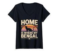 Women's Retro Sunset Home is Where My Bengal is Quote V-Neck T-Shirt