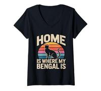 Women's Retro Sunset Home is Where My Bengal is Quote V-Neck T-Shirt
