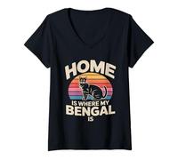 Women's Retro Sunset Home is Where My Bengal is Quote V-Neck T-Shirt