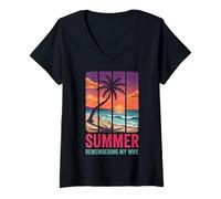 Women's Retro Sunset Palm Tree Summer Remembering My Why V-Neck T-Shirt