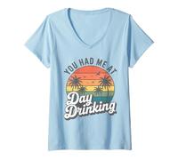 Womens Retro Sunset Palm Trees You Had Me at Day Drinking Funny V-Neck T-Shirt