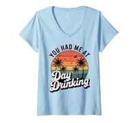 Womens Retro Sunset Palm Trees You Had Me at Day Drinking Funny V-Neck T-Shirt