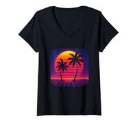 Womens Retro Sunset Palms Grid V-Neck T-Shirt