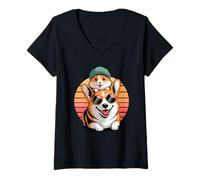 Womens Retro Sunset Pembroke Welsh Corgi Hamster Corgis V-Neck T-Shirt