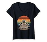 Womens Retro Sunset Raccoon Silhouette Trash Panda Raccoons V-Neck T-Shirt