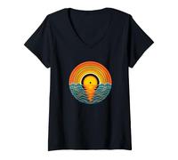 Women's Retro Sunset Vinyl Record Turntable Enthusiast V-Neck T-Shirt