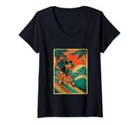 Womens Retro Surfing Dachshund Surfer Dog Hawaiian Beach Summer V-Neck T-Shirt