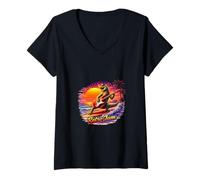 Women's Retro Surfing Lizard Guitar Sunset Illustration V-Neck T-Shirt