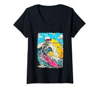 Women's Retro Surfing Skeleton Surfer Riding Wave Sunset Summerween V-Neck T-Shirt