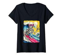 Women's Retro Surfing Skeleton Surfer Riding Wave Sunset Summerween V-Neck T-Shirt