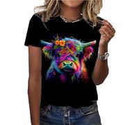 Women's Retro T-Shirt Highland Cow 3D Printed Short Sleeve Top Funny Animal Graphic Farm Life Crew Neck Pullover Western Cowgirl Tee Shirts