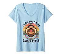 Womens Retro Thanksgiving Turkey I'm Just Here for The Dinner Rolls V-Neck T-Shirt