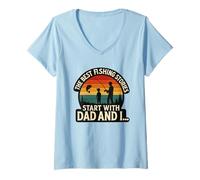 Womens Retro The Best Fishing Stories Start with Dad and I V-Neck T-Shirt