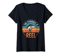 Womens Retro The Struggle Is Reel Bass Fishing Funny Fisherman V-Neck T-Shirt