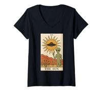 Womens Retro The Sun Tarot Card Mystical Funny Alien V-Neck T-Shirt
