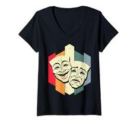 Women's Retro Theatre Comedy Tragedy Masks Drama Acting Lover Design V-Neck T-Shirt