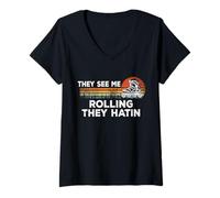 Women's Retro They See Me Rolling They Hatin, Skater Roller Skating V-Neck T-Shirt