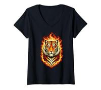 Women's Retro Tiger Head Flames Vintage Style Design V-Neck T-Shirt