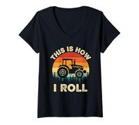 Women's Retro Tractor Graphic This is How I Roll Farmer Farm Worker V-Neck T-Shirt