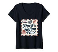 Womens Retro Travel Airmail Design Wanderlust Lovers White Red Blue V-Neck T-Shirt