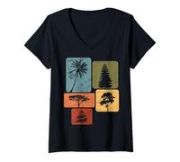 Womens Retro Tree Silhouette Nature - Palm, Pine, Acacia, Cedar V-Neck T-Shirt