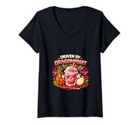Women's Retro Trendy Cute Funny Anime Kawaii Driven by Dragon Fruit V-Neck T-Shirt