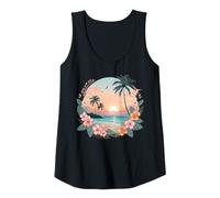 Womens Retro Tropical Beach Sunset Palm Trees Hibiscus Flowers Cute Tank Top