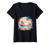Womens Retro Tropical Beach Sunset Palm Trees Hibiscus Flowers Cute V-Neck T-Shirt