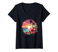 Womens Retro Tropical Sunset Surf Wave Hibiscus Flowers Beach Vibes V-Neck T-Shirt
