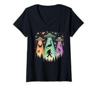 Women's Retro UFO Beams Bigfoot and Folklore Creatures V-Neck T-Shirt
