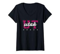 Women's Retro Utah Cheer Pink Leopard Varsity State Art V-Neck T-Shirt