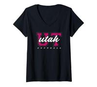 Women's Retro Utah Softball Pink Leopard Varsity State Graphic V-Neck T-Shirt