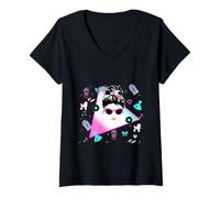 Womens Retro Vintage 50s 1950s Messy Bun Sock hop Style Pink Teal V-Neck T-Shirt