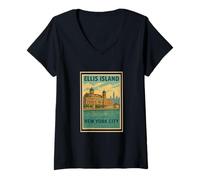 Womens Retro Vintage Poster Ellis Island New York City State NY NYC V-Neck T-Shirt