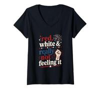 Women's Retro Vintage Red White and Really Not Feeling It Feminism V-Neck T-Shirt