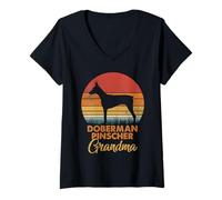 Womens Retro Vintage Sunset Doberman Pinscher Grandma V-Neck T-Shirt